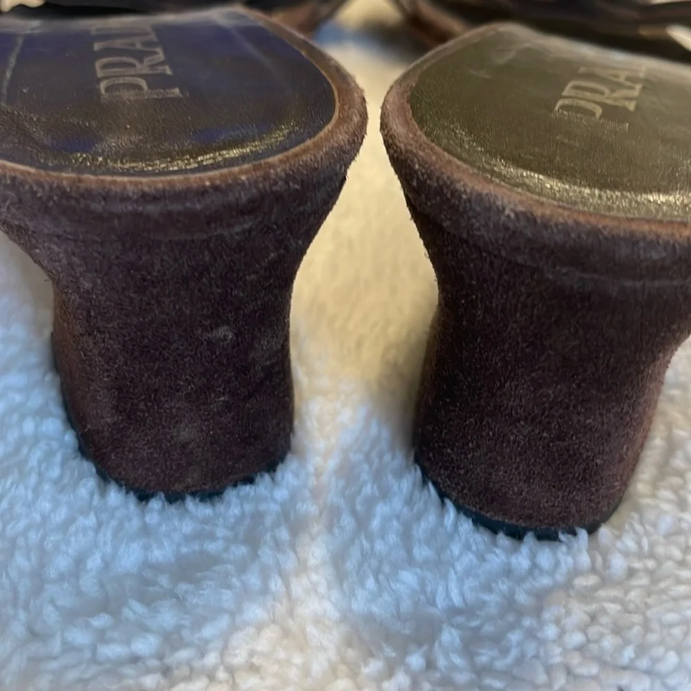 Prada Low Mule Heel Silver Hardware Grommet Brown Suede Sandal Size EU 37 EUC! - Picture 4 of 5